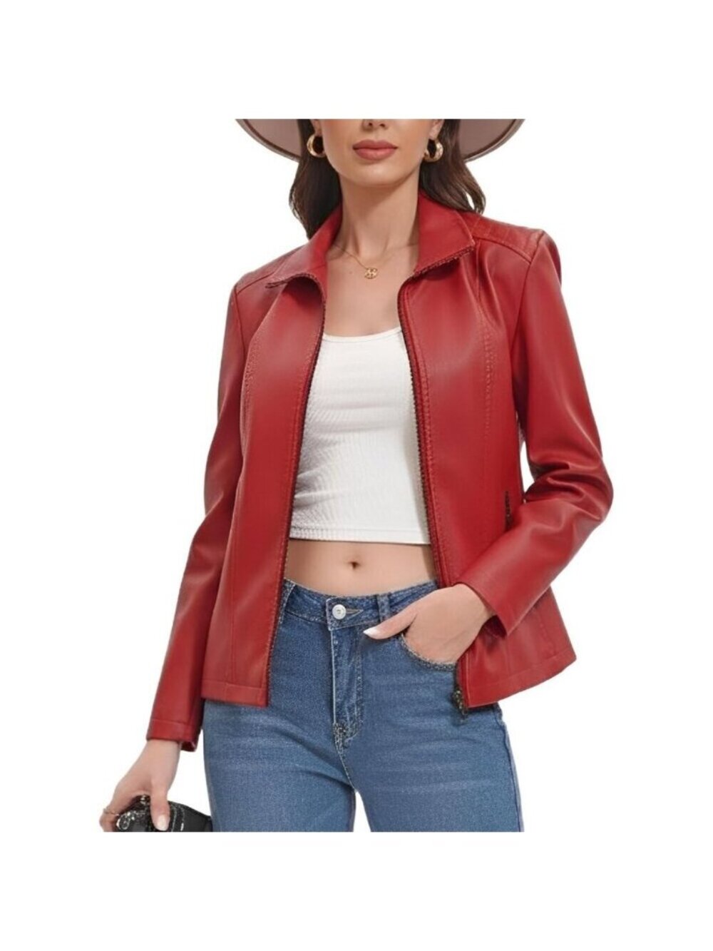 Women's Camel Faux Leather Zip Up Motorcycle Fashion Going Out Jacket